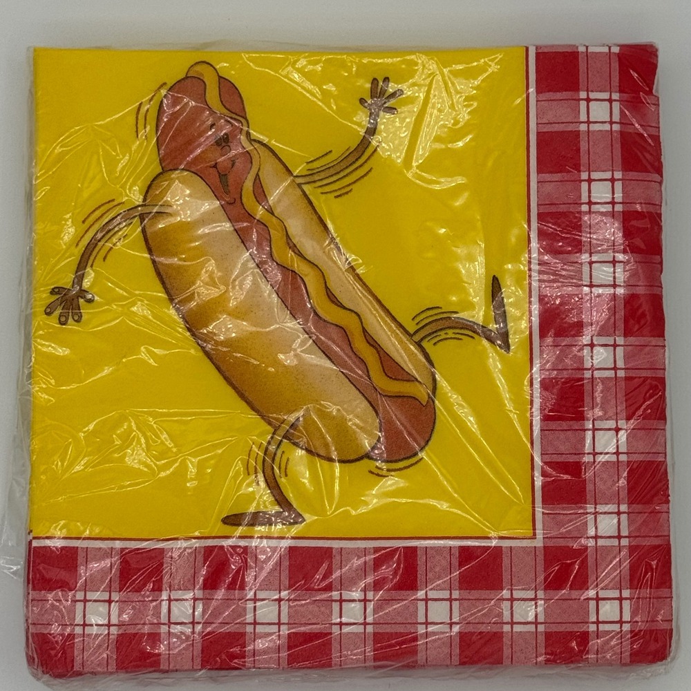 Vintage DesignWare Dancing Hot Dog Luncheon Napkins 24ct Picnic BBQ Gingham Red